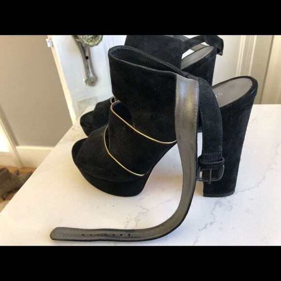 Stuart Weitzman  Black Suede Peep Toe Platform Heel Sandals with chunky heel Sz7 - Picture 5 of 7